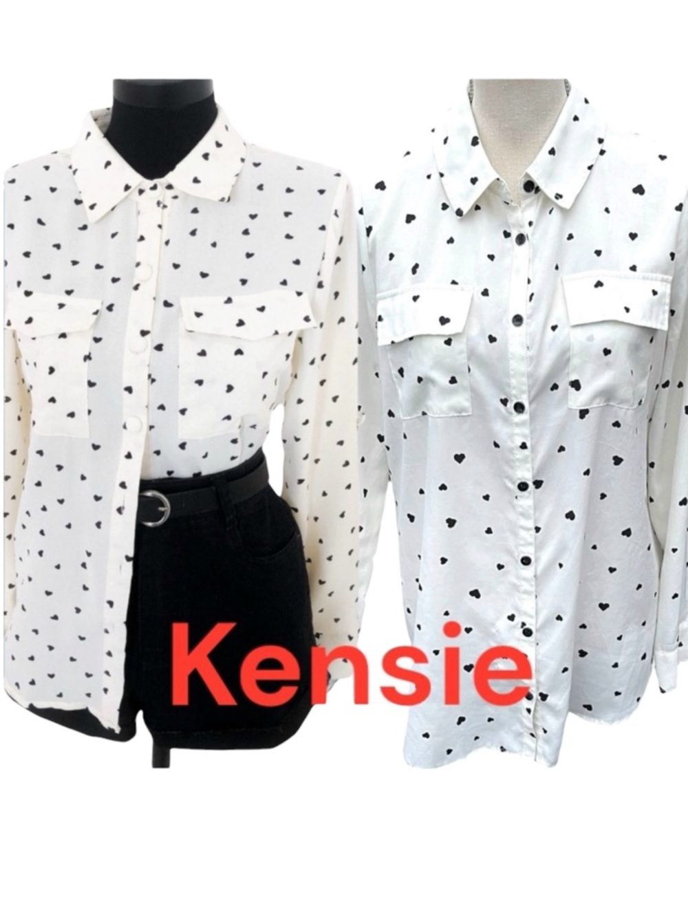 Kensie White Black Micro Heart Button Front Blouse Top (M)